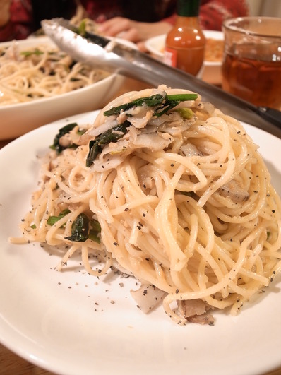 ツナとほうれん草とれんこんのパスタ