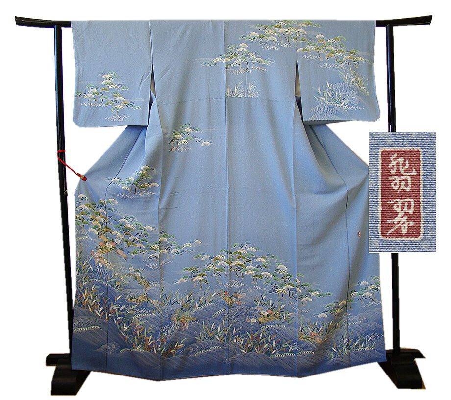 きものしらゆり 身丈159cm 裄66cm 10〜5月 ちりめん 絞り 金彩染 訪問着 袋帯 帯揚げ 帯〆 正絹 セット 身長154cm〜160cmの方に最適 I372 きものしらゆり 身丈159cm 裄66cm 10〜5月 濃紺色 無形文化財 本場