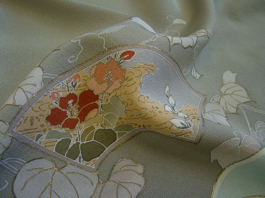 きものしらゆり 身丈165cm 裄68cm 10～5月 Ｌ寸 極上ちりめん 地紙文 色留袖 訪問着 鷹羽違い 正絹 身長157cm～165cmの方に最適 I289