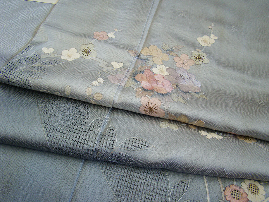 きものしらゆり 身丈163cm 裄68cm 10～5月 ロング寸 紋意匠 灰青色 汕頭刺繍 刺繍 訪問着 正絹 身長157cm～164cmの方に最適 I287