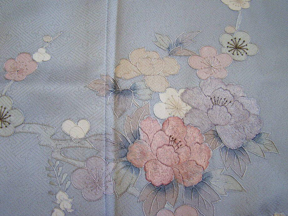 きものしらゆり 身丈163cm 裄68cm 10～5月 ロング寸 紋意匠 灰青色 汕頭刺繍 刺繍 訪問着 正絹 身長157cm～164cmの方に最適 I287