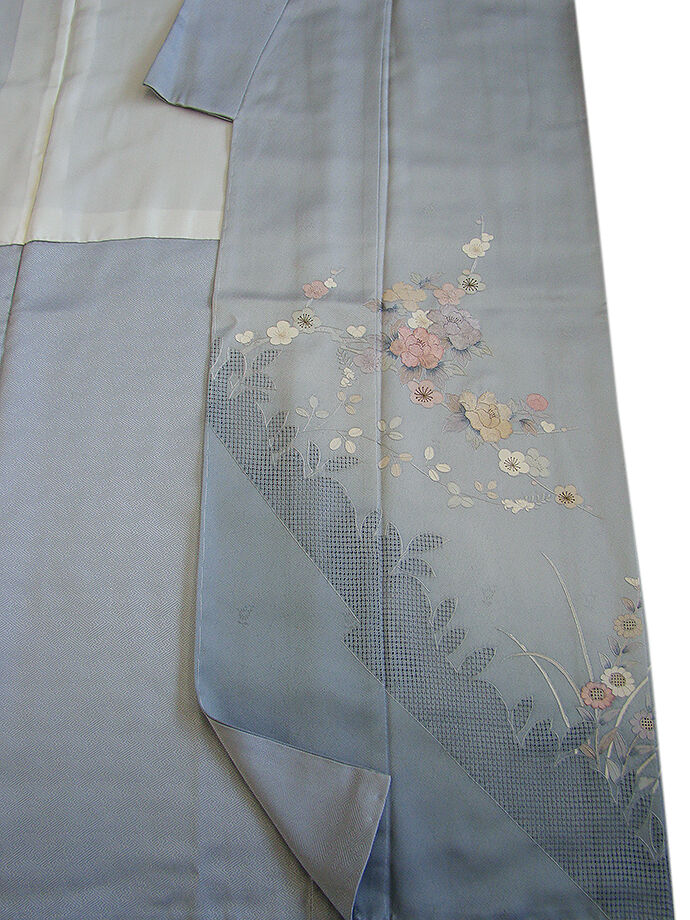 きものしらゆり 身丈163cm 裄68cm 10～5月 ロング寸 紋意匠 灰青色 汕頭刺繍 刺繍 訪問着 正絹 身長157cm～164cmの方に最適 I287