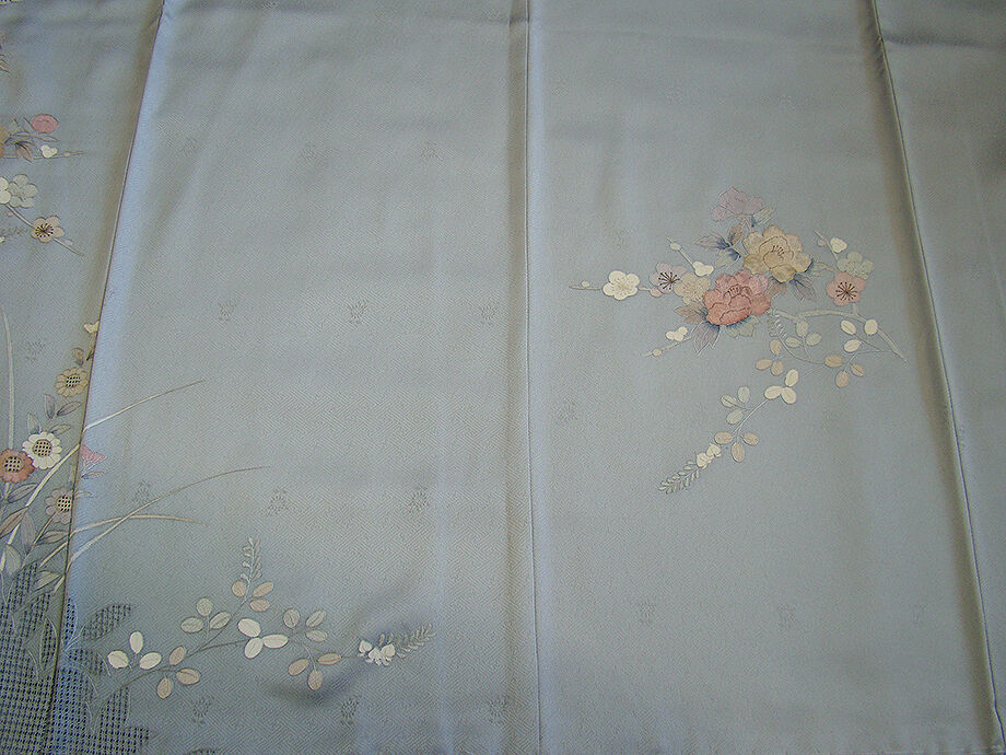 きものしらゆり 身丈163cm 裄68cm 10～5月 ロング寸 紋意匠 灰青色 汕頭刺繍 刺繍 訪問着 正絹 身長157cm～164cmの方に最適 I287