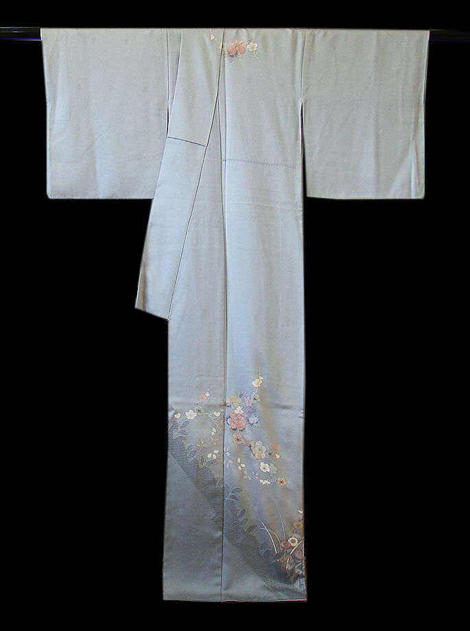 きものしらゆり 身丈163cm 裄68cm 10～5月 ロング寸 紋意匠 灰青色 汕頭刺繍 刺繍 訪問着 正絹 身長157cm～164cmの方に最適 I287