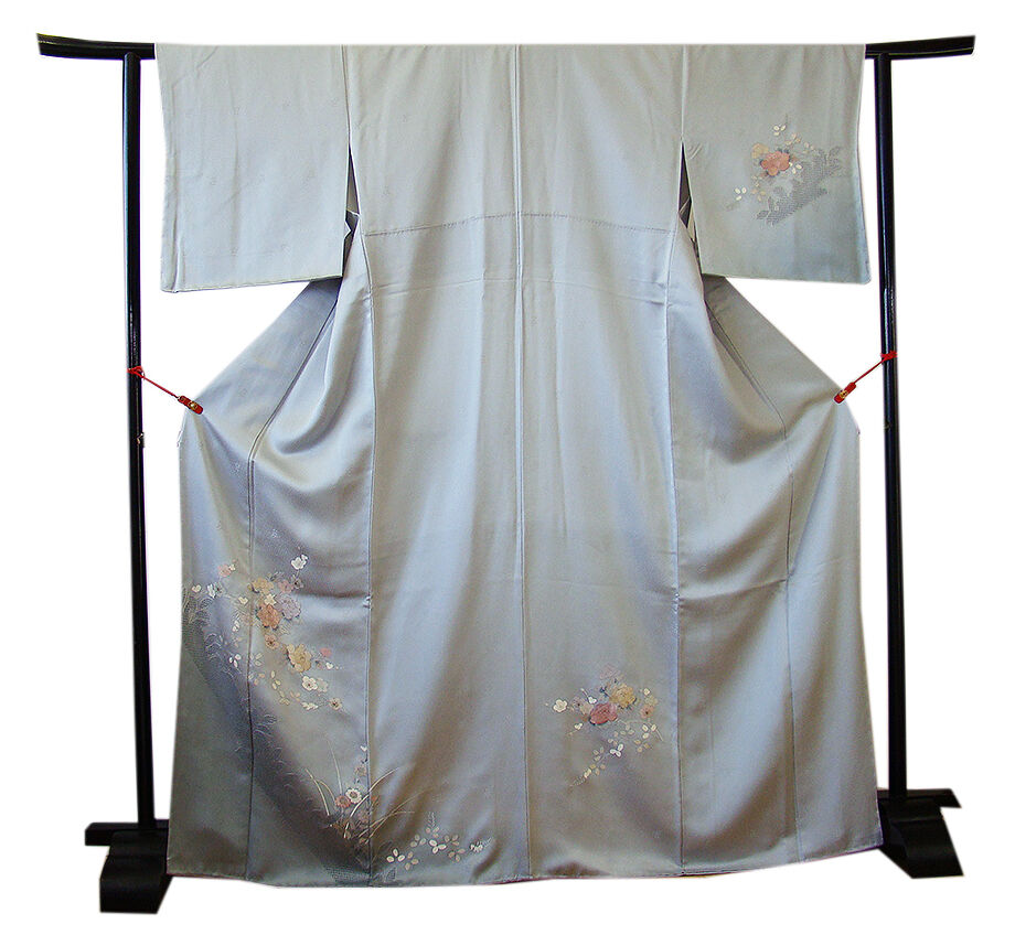 きものしらゆり 身丈163cm 裄68cm 10～5月 ロング寸 紋意匠 灰青色 汕頭刺繍 刺繍 訪問着 正絹 身長157cm～164cmの方に最適 I287