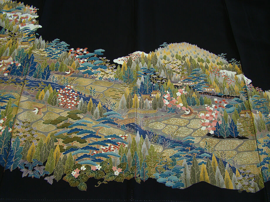 きものしらゆり 身丈159cm 裄67cm 作家物 風景柄 黒留袖 蔦 正絹 身長154cm～160cmの方に最適 I475