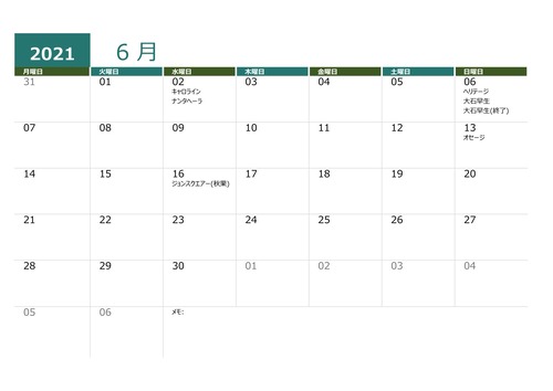 果実収穫日カレンダー2021年6月16日