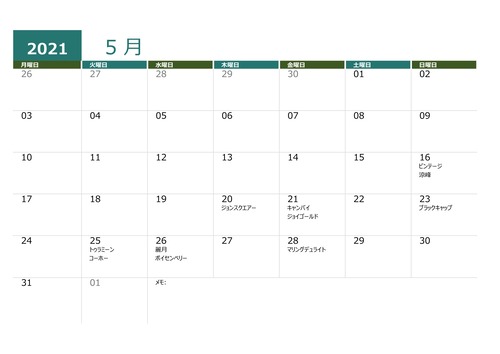 果実収穫日カレンダー2021年5月28日