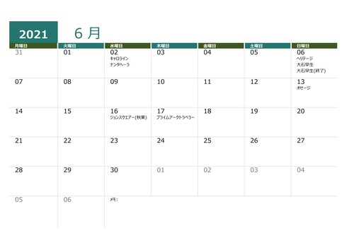 果実収穫日カレンダー2021年6月17日