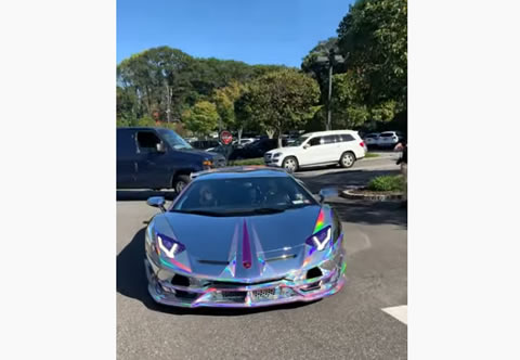 Rainbow Chrome Lambo Pulls out of Parking Spot