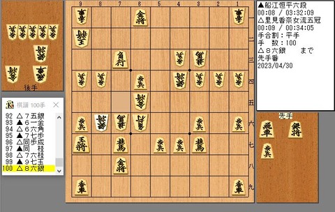 100手目86銀まで先手投了。