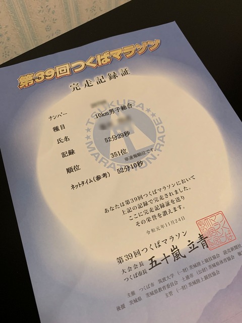 つくばマラソン完走記録証 ちゅちゅポン