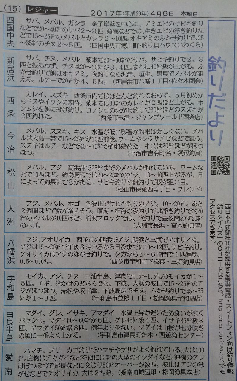 釣りだより 愛媛新聞 15 レジャー面 釣具のフレンド 釣り力ｕｐ 最新情報