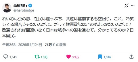 Xで護憲政党の低迷に危機感投稿