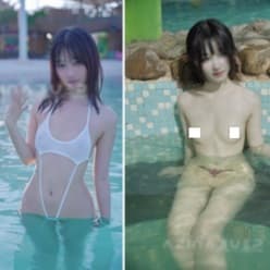 【画像】プールで乳首もマ○コも見えてる10代美少女、これは勃起レベルwwwwww