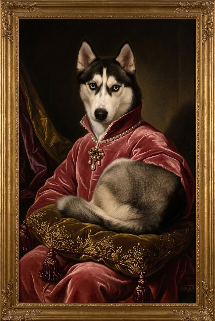 真作保証　ハスキー犬の肖像画 油絵 F8 Valenzuela シベリアンハスキーのルネサンス肖像画額装プリントができました