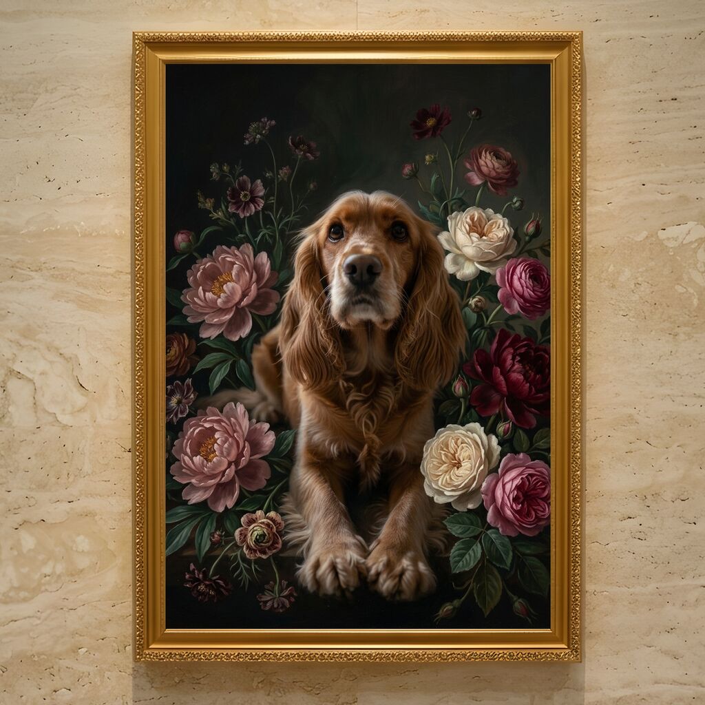 コッカースパニエルの花の油絵風アート額装プリントができました