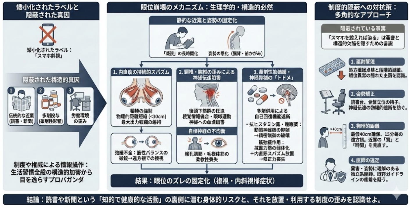 複視の根本原因は「デジタル画面」ではなく、眼筋への血流を物理的に遮断する「薬理的介入」と近距離負荷の相乗効果にあります。