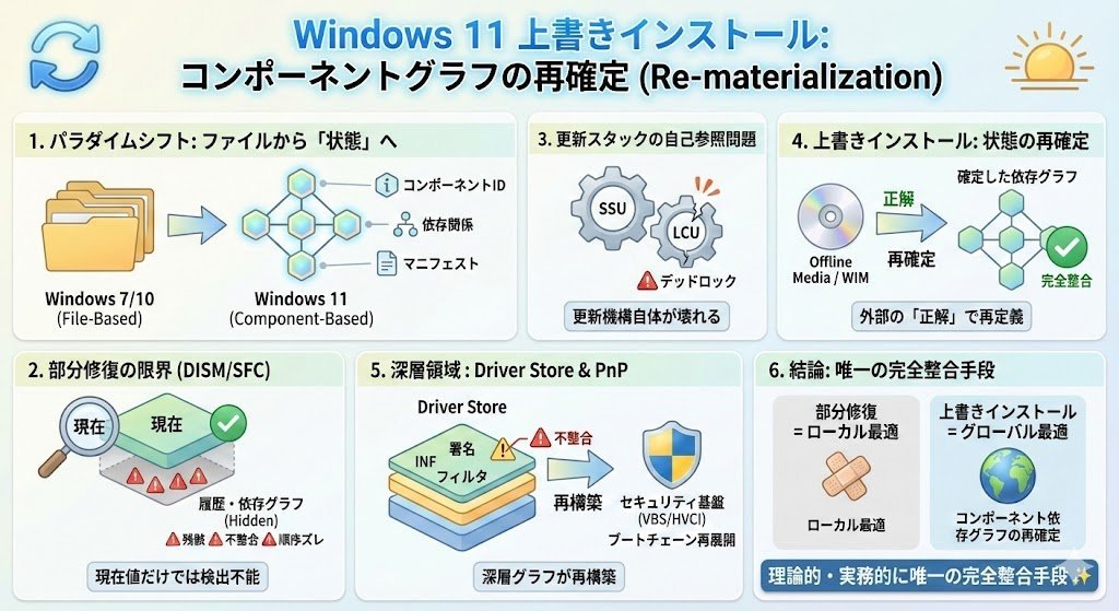 Windows 11において根本的に異なる点は、更新単位が「ファイル」ではなく「コンポーネントID（Component Identity）」になっている点です。