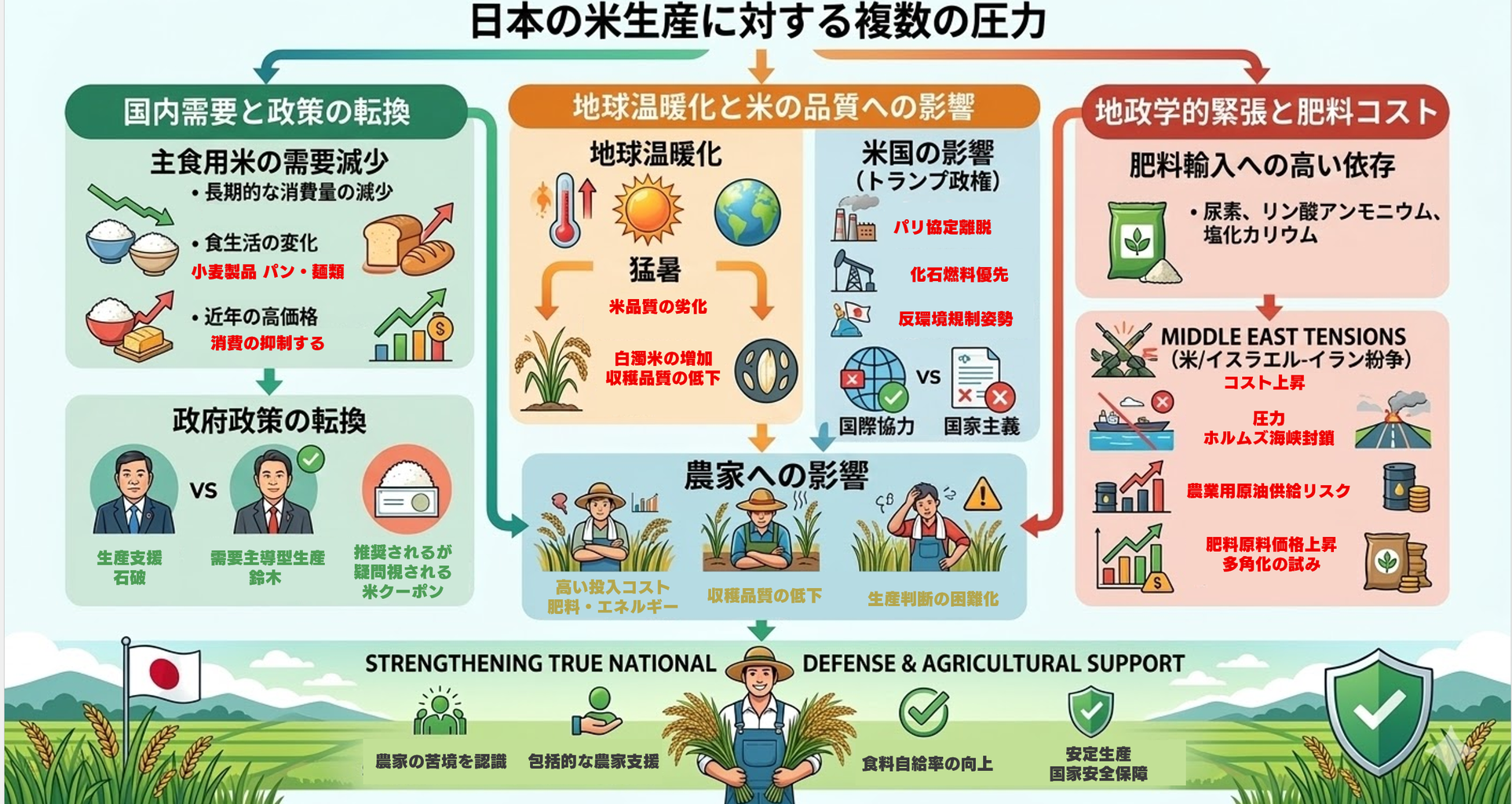 米の安定供給をめぐる課題を整理したもので、国内需要の減少、政府の政策転換、気候変動の影響、そして国際情勢による肥料やエネルギーコストの高騰が大きな要因