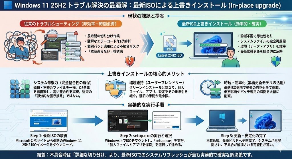Windows 11 における上書きインストールは、単なる「ファイル修復」でも、「破損検出」でも、「更新やり直し」でもありません。