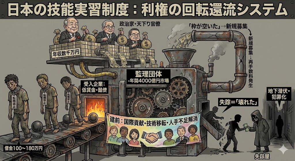 技能実習制度の実態を示す図