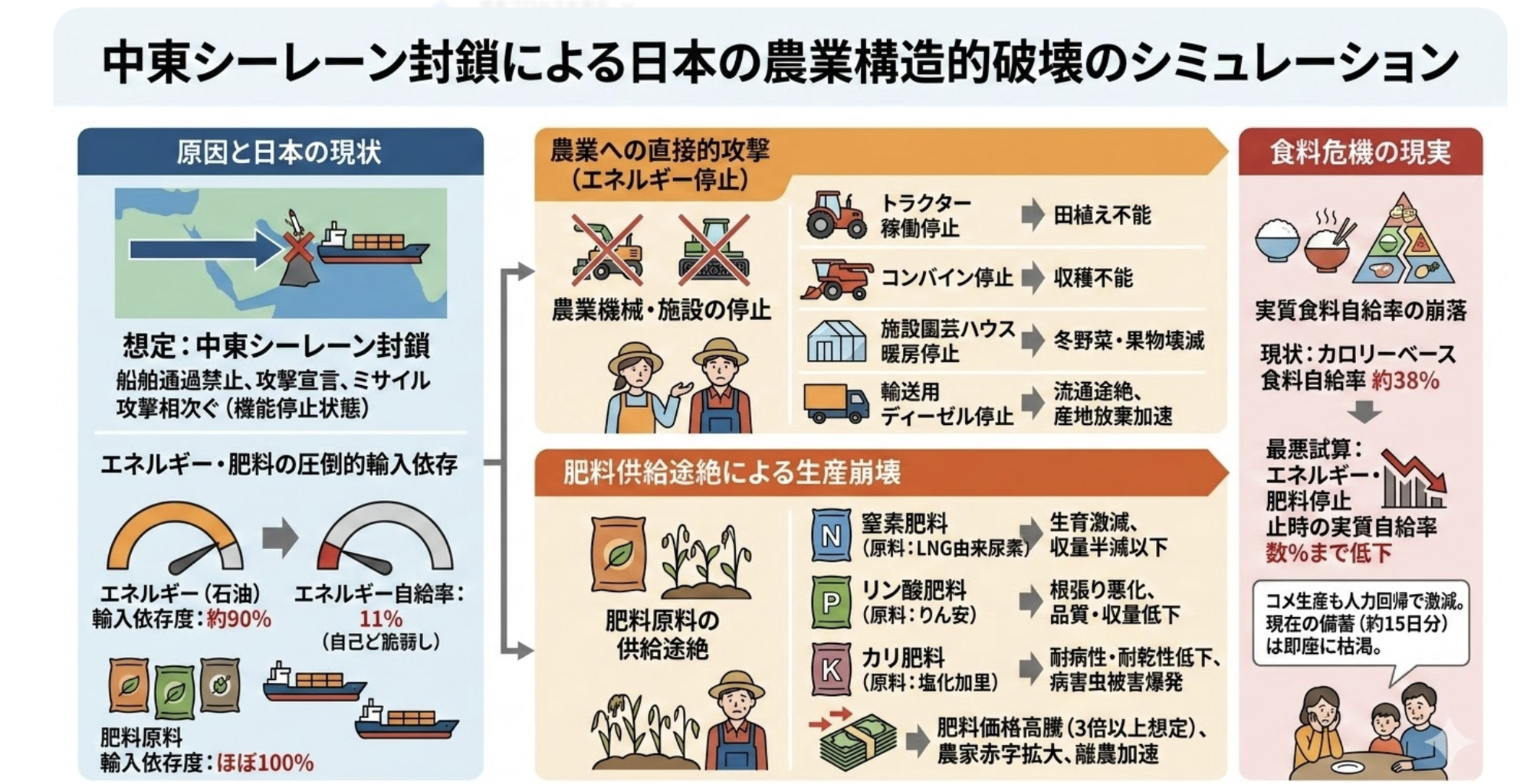 農業機械の燃料、施設園芸の暖房、輸送用ディーゼルはすべて石油由来原油から精製される軽油・重油・ガソリンが農業の動力源。代替がほぼ存在しない。