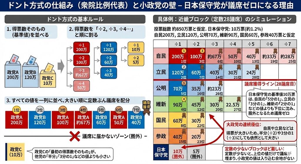 ドント方式による議席配分シミュレーション例