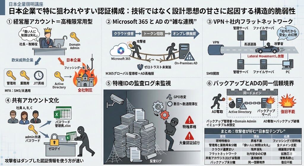 「日本企業で特に狙われやすい認証構成」は、技術が弱いというより設計思想が甘いことに起因します。

① 経営層アカウント＝高権限常用型

典型構成：

社長・取締役アカウントが実質 Domain Admin

業務用と管理用が未分離

常時特権保持

MFAはSMSまたは未適用
