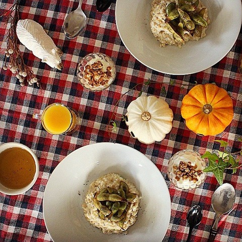 Breakfast : Green Soybean Risotto, Yogurt, Orange Juice, Tea