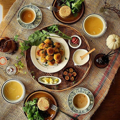 Breakfast : Falafel, Yogurt Sauce, Green Salad, Soup, Couscous, Chai