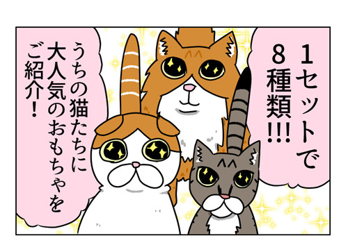 うちの猫たちが大興奮!1セットで8種類、丈夫で安い、お得感のある猫のおもちゃ【猫漫画9】