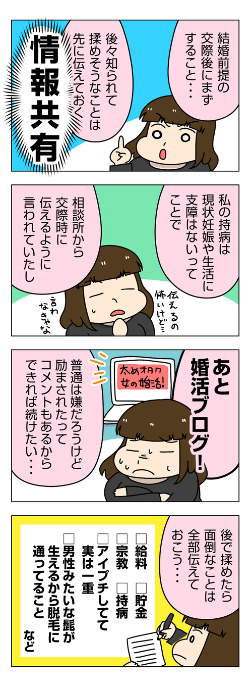 結婚で持病・宗教・濃い髭が生えるなど揉めそうなことを打ち明けた結果【婚活漫画 本交際・結婚準備編2】