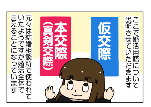 1_1_01【婚活漫画】116 婚活用語解説 [仮交際と本交際の違い]