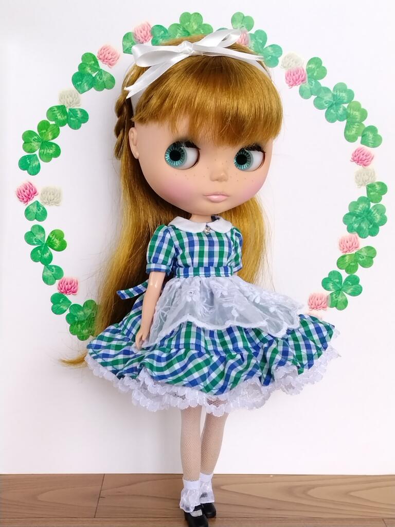 青と緑と白のチェックワンピとエプロンセット[リカちゃん・ブライス