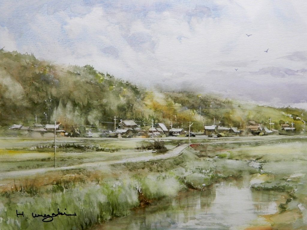絵画「里山のくらし」　水彩画 水彩画「里山風景」