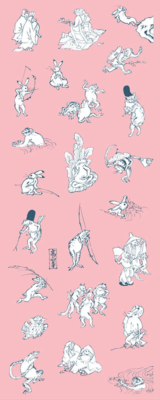 鳥獣戯画手拭 ピンク