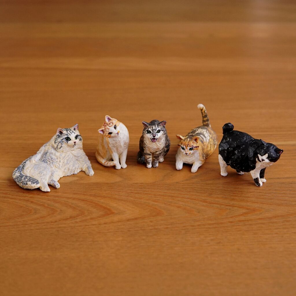 猫の木彫り作品 親子ネコ ネコ好きにはたまらない - 置物