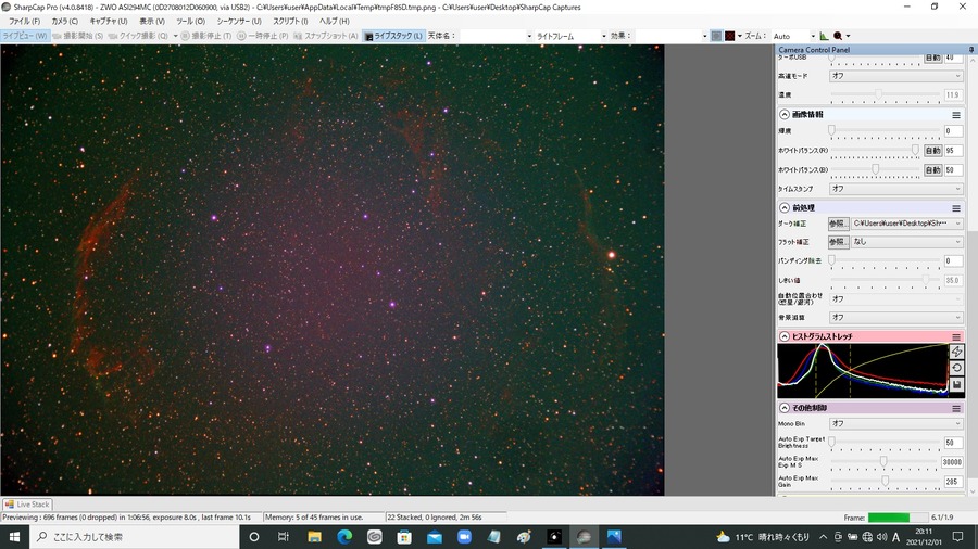 網状星雲　8秒露出 22スタック　Gain390　CometBPフィルター