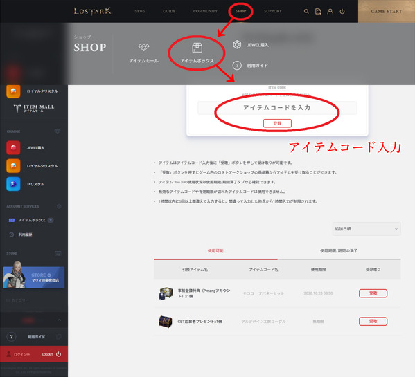 LostArk アイテムコード入力方法01