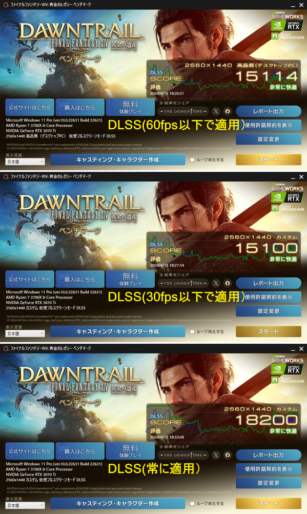 FF14 黄金ベンチDLSS 60fps 30fps 常に適用 比較