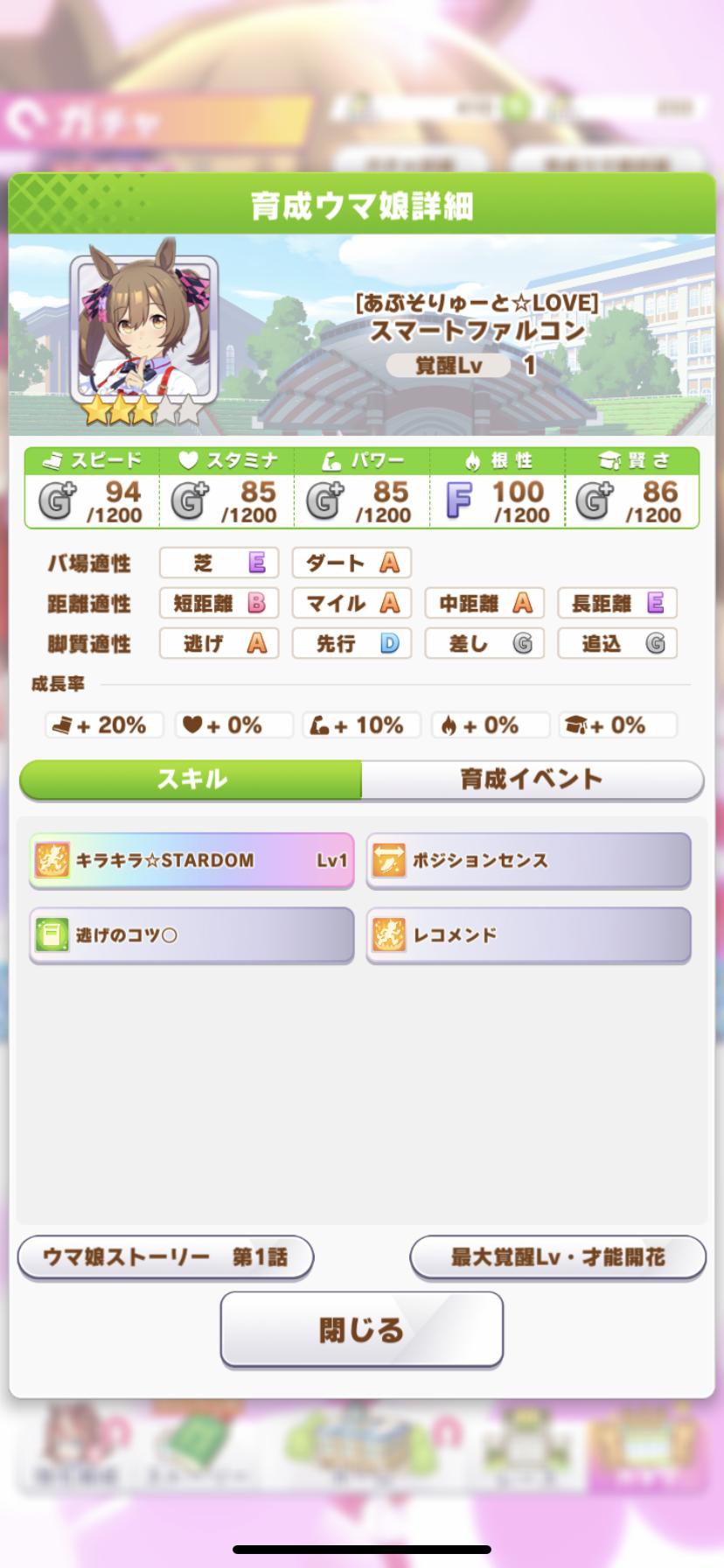 ウマ娘 スマートファルコンの性能は強い 弱い ダートの逃げってだけで引いた方がいいよ バリュ速