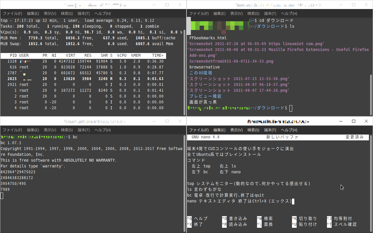 端末4連装の仮想デスクトップ､で見栄を切る（ubuntu系Linux） : ご年配Linux