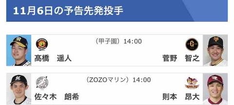 明日のCS先発(口)佐々木朗希-則本昂大(楽)　(神)高橋-菅野(巨)