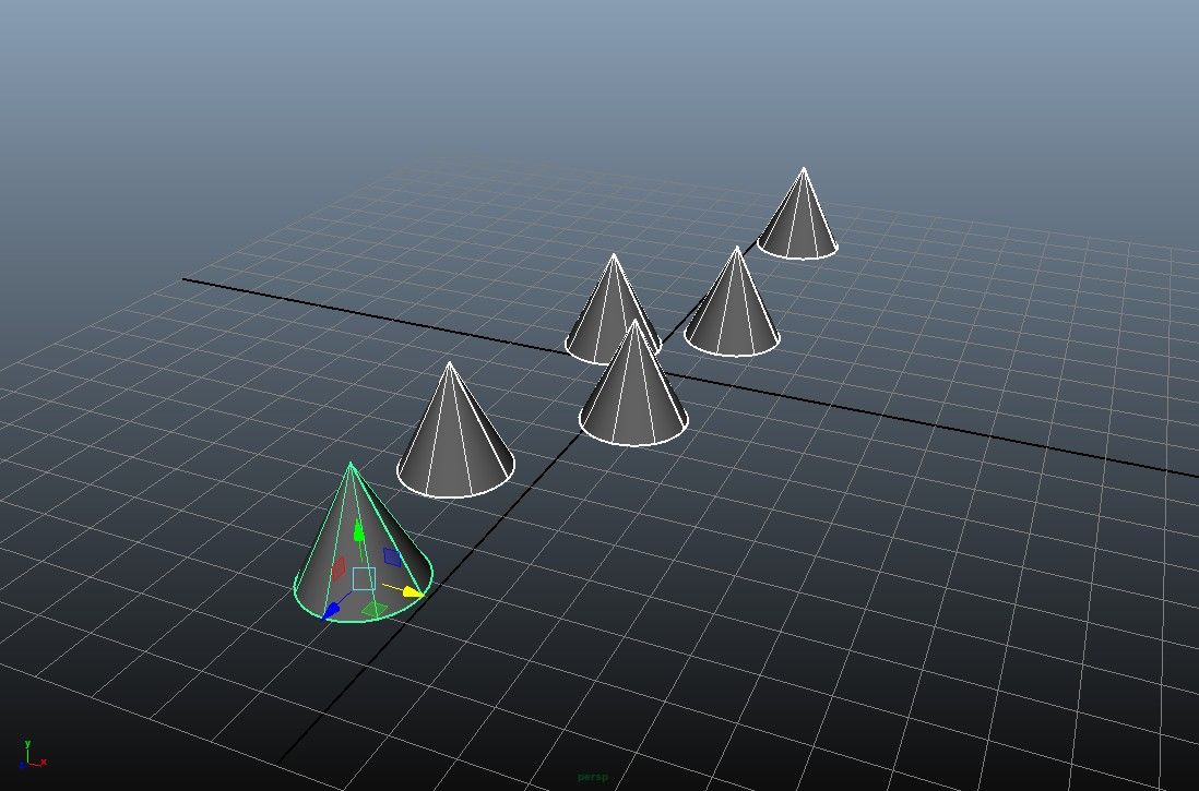 Maya 等間隔にオブジェクトを整列 ツールのボタンぜんぶ押す