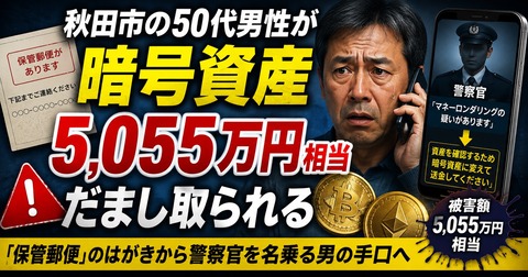 [秋田市] 50代男性が特殊詐欺被害・郵便局員や警察官を名乗る人物から送金を指示される！