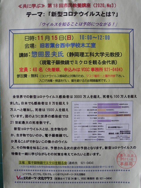 28市民教養講座「新型コロナウイルスとは？」