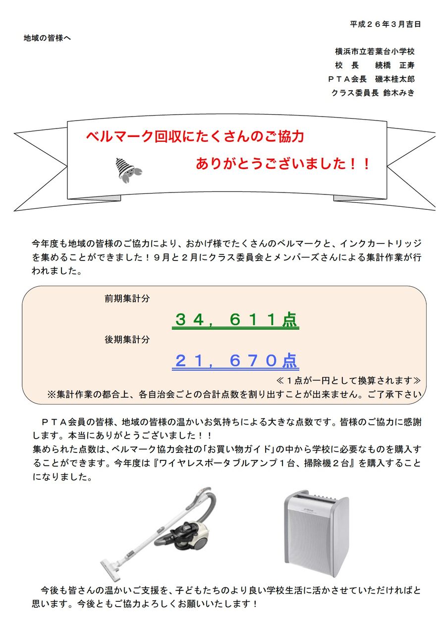 若葉台小学校のベルマーク運動の報告とお礼 若葉台連合自治会