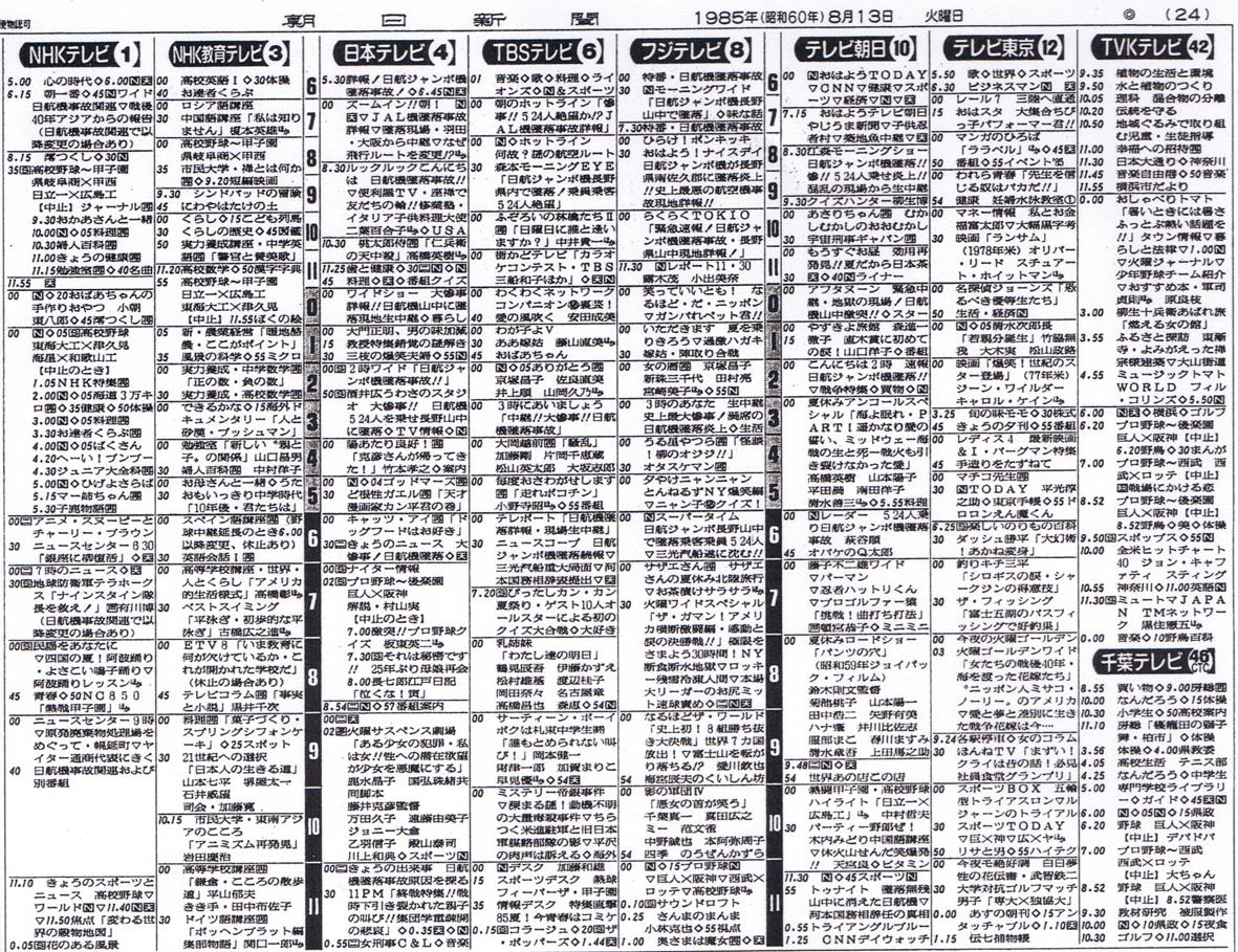 1985年8月13日火曜日のテレビ欄の画像ひろってきた