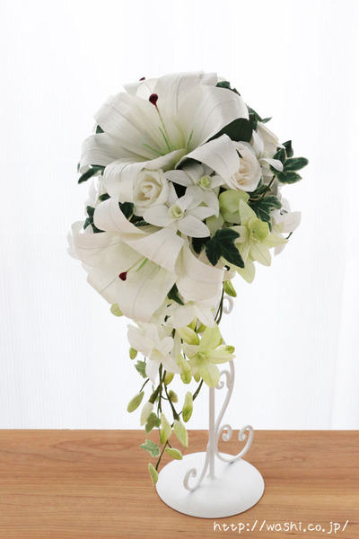 紙婚式・結婚記念日の和紙の花束ペーパーフラワーブーケ(カサブランカ・デンファレ)正面
